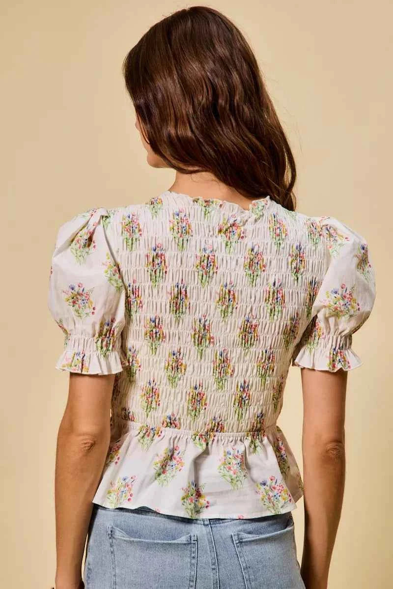 SO ME Floral Cotton Smocked Short Sleeves Blouse