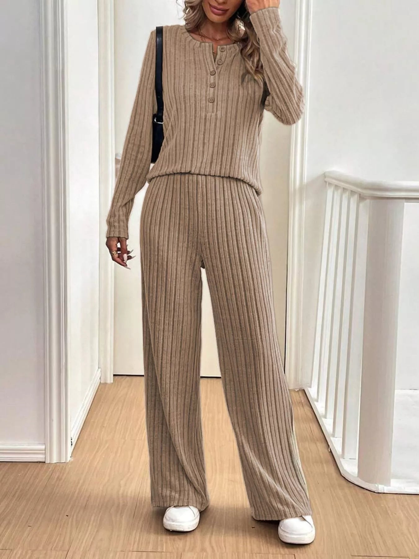 Women's Outfit Set Ribbed Button Detail Long Sleeve Top and Pants Set 2 Pcs Taupe 49e48400-a3ae-4e2b-8380-0acc875bb02b-Max-Origin Trendsi