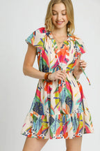 Umgee Short Dress Floral Printed Colorful Tie Neck Ruffled Hem Smocked 49e63717-1f82-4f59-8155-ba45f5910994-Max-Origin Trendsi