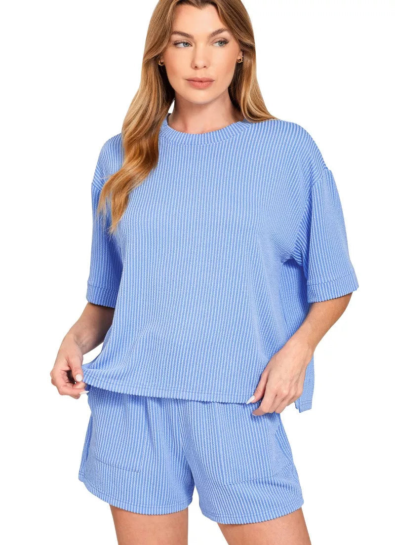 Zenana Outfit Set Blue Raised Rib Short Sleeve Top Tee and Drawstring Shorts CORNFLOWER BLUE 49e6c960fe6f4cbd8dd912a8f93e38c5-Max-Origin Trendsi
