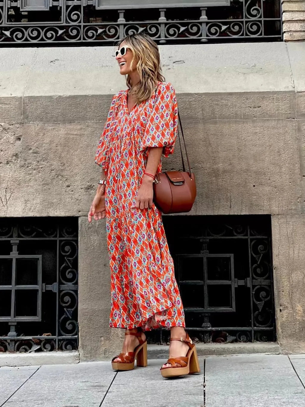 Maxi Dresses Colorful Printed V-Neck Balloon Short Sleeve Ruffled Oversized 49e9e88bb2254902b09cf5e1a9fe49ce-Max-Origin Trendsi