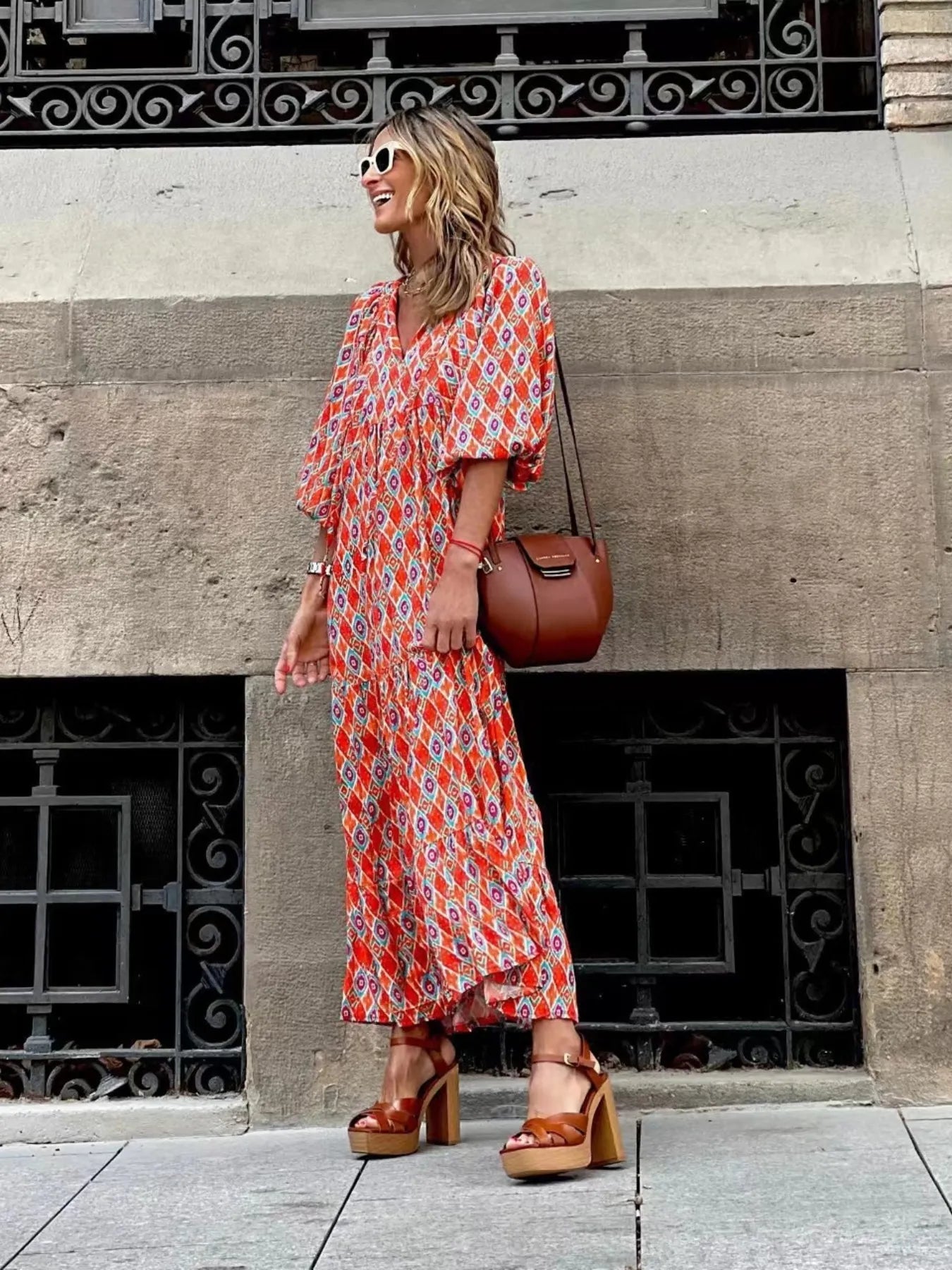Maxi Dresses Colorful Printed V-Neck Balloon Short Sleeve Ruffled Oversized 49e9e88bb2254902b09cf5e1a9fe49ce-Max-Origin Trendsi