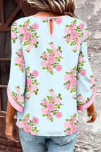 Women's Casual Blouse Pastel Blue Floral Pink 3/4 Sleeve Cotton Loose Top