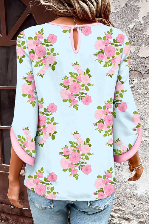 Women's Casual Blouse Pastel Blue Floral Pink 3/4 Sleeve Cotton Loose Top
