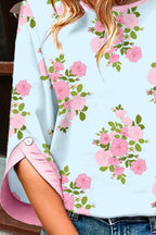 Women's Casual Blouse Pastel Blue Floral Pink 3/4 Sleeve Cotton Loose Top