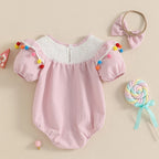 Baby Girl Birthday Romper Cupcake Embroidery Plush Ball Ruffle Short Sleeve Bodysuit