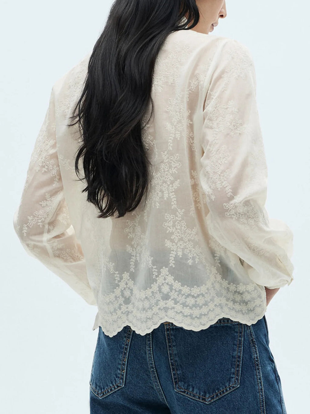 Women's Shirt Blouse Floral Embroidered Sheer Lace Long Sleeve Ruffle Neck Top