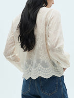 Women's Shirt Blouse Floral Embroidered Sheer Lace Long Sleeve Ruffle Neck Top