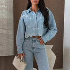 Women's Casual Cropped Denim Shirt Floral Embroidered Long Sleeve Loose Top