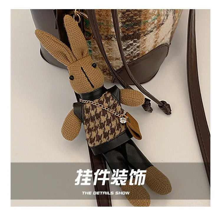 Women's Bucket Crossbody Bag Mini Drwastring Woven Plaid Pu leather Handbags