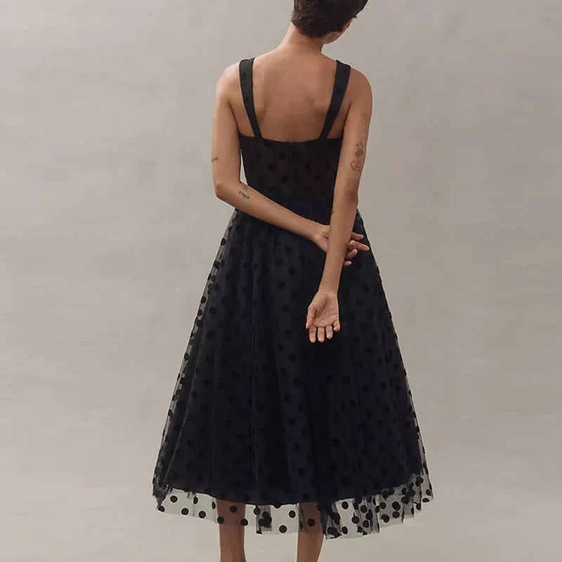 Black Midi Party Dress Polka Dot Tulle Mesh Sheer Sleeveless Ruffle High Waisted