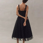 Black Midi Party Dress Polka Dot Tulle Mesh Sheer Sleeveless Ruffle High Waisted