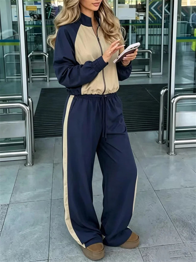 Women's Patchwork Zipper Jacket & High-Waisted Pants Set
