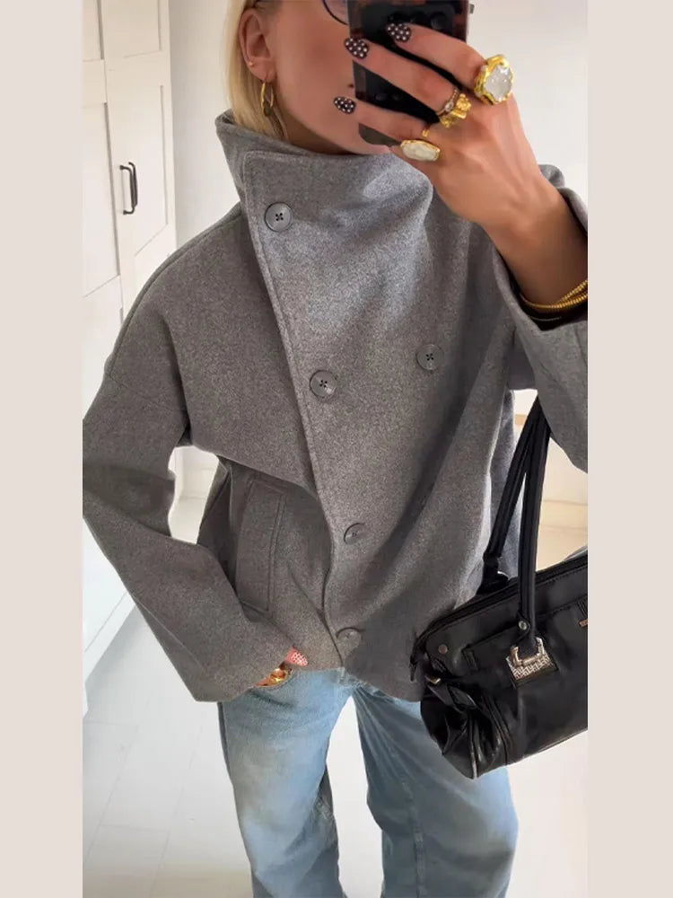 Women's High-Neck Double-Breasted Jacket with Pockets