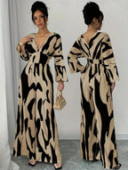 Women's Elegant Abstract Print Wide Leg Jumpsuit Belted V-Neck Long Sleeve Overall