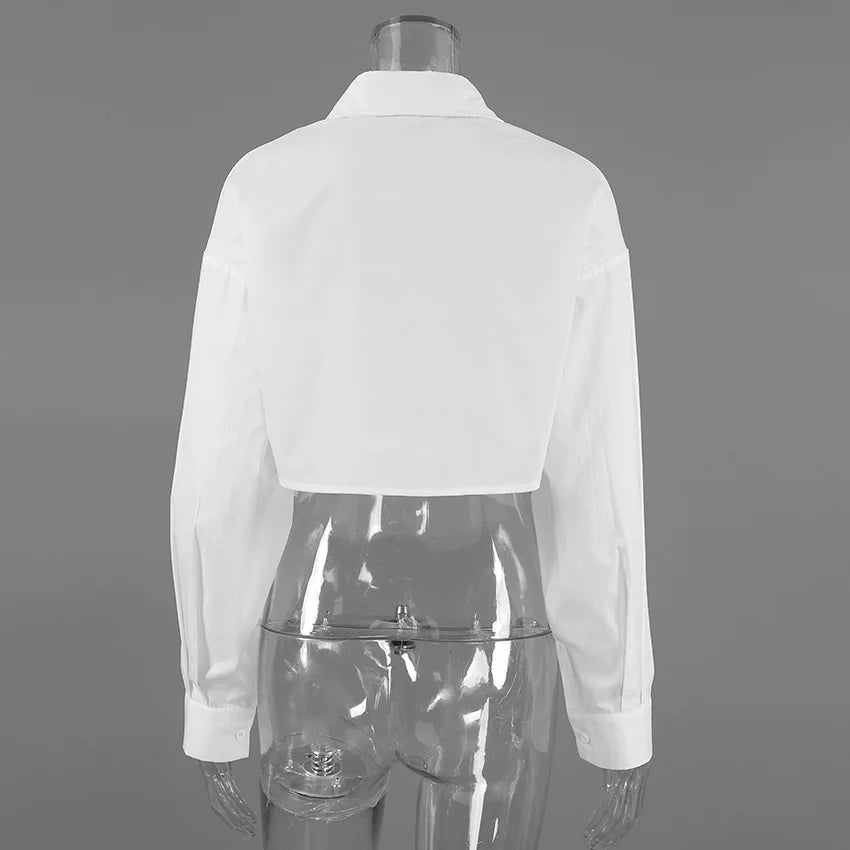Sexy V-neck Cropped White Shirt Women's 3/4 Sleeve Collared Office Elegant Top