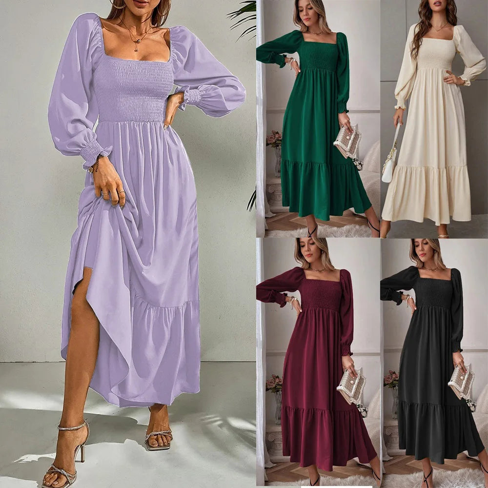 Midi Dresses Women's Square Neck Smocked Tiered Long Sleeve Ruffle High Waist