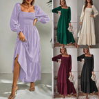 Midi Dresses Women's Square Neck Smocked Tiered Long Sleeve Ruffle High Waist
