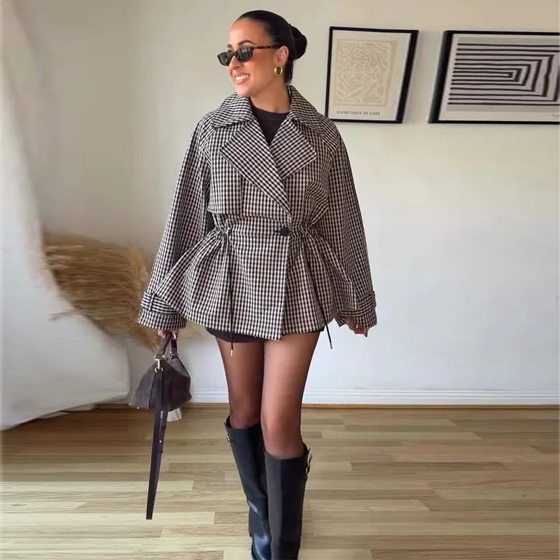 Women's Plaid Trench Coat Single-Button Casual Fashion Autumn Outwear