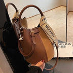 Women's Bucket Bag Small Coffee Brown PU Leather Two-Tone Casual Crossbody