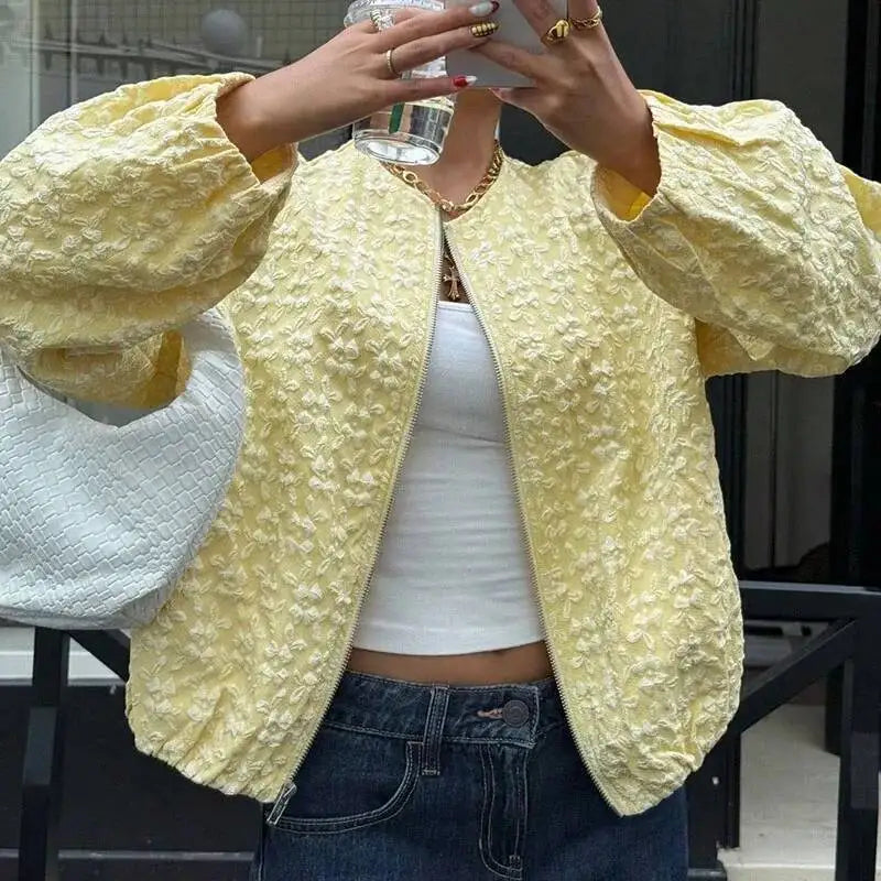 Fashion Jacquard Zip-Up Jacket Yellow Short Long Sleeve Casaul Loose Outercoat