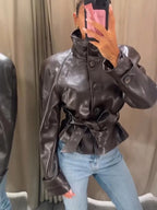 Women's Faux Leather Casual Fashion Jacket Belted Stand-Collar Button-Front Coat