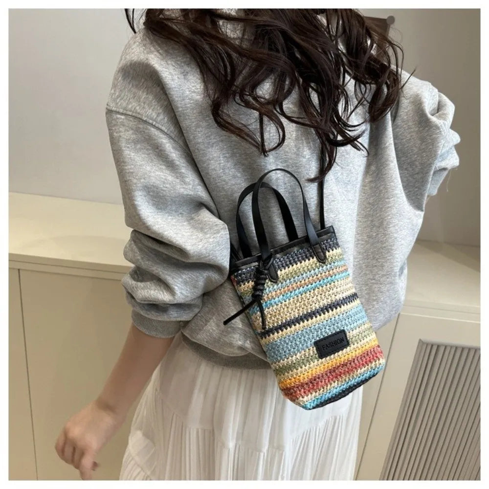 Straw Woven Mini Crossbody Bag Colrorful Striped Boho Casual Beach Zip Purse