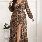 Damen Maxi-Kleid mit Leo-Print, langen Ärmeln und Schlitz, Wickeloptik, Übergröße