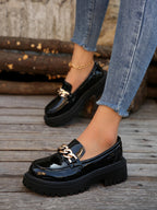 Women’s Patent Leather Shoes Classic Chain Design Chunky Loafers with Mid Heels