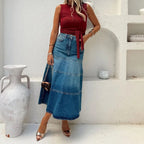Fashion Denim Skirt Women's Vintage Jean Maxi Skirts High-Waisted Denim Skirt