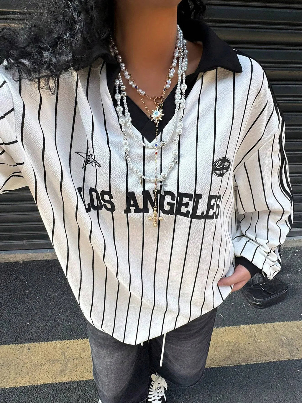 Women's Oversized Top Los Angeles Striped White Black Retro American Long Sleeve
