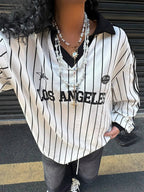 Women's Oversized Top Los Angeles Striped White Black Retro American Long Sleeve