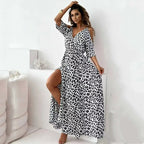 Leopard Maxi Dress Cold Shoulder Strap Sexy Side Slit Flowy Elegant Summer Dress