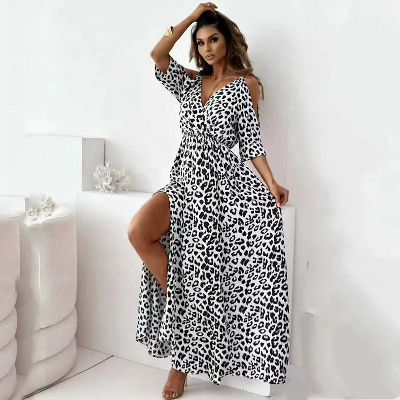 Leopard Maxi Dress Cold Shoulder Strap Sexy Side Slit Flowy Elegant Summer Dress