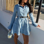 Streetwear Denim Shirt Dress Tie Neck Button Front Flare Long Sleeve Casual A-Line