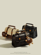 Fashionable Small Square Handbag Women's Two-Tone Brown Mini Flap Crossbody Bag