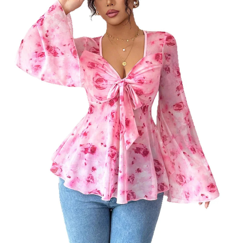Mesh Red Rose Floral Print Chiffon Blouse V-Neck Bow Ruffle Trumpet Sleeves Top