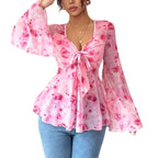 Mesh Red Rose Floral Print Chiffon Blouse V-Neck Bow Ruffle Trumpet Sleeves Top