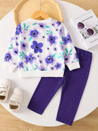 Girl's Outfit Set White Sweatshirt Floral Print Long Sleeve Top and Purple Leggings