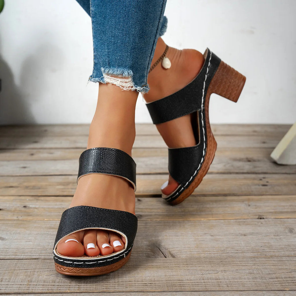 Open-Toe High Heel Slippers Women's Block Heel Sandals with Mid-Heel Height