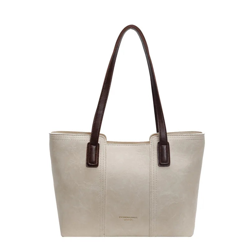 Casual Women's Shoulder Bag Pu Leather Zipper Contrast Strap Tote Bag Medium