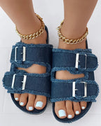 Denim Slippers Women Buckled Fringe Double Strap Comfortable Sandals