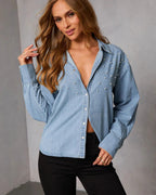 Casual Women's Denim Shirt Pearl Beaded Button-Up Long Sleeve Lightweight Top
