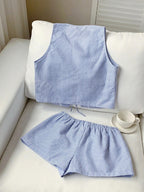 Summer Outfit Set Blue Striped Tie-Front Sleevless Vest and Shorts Casual 2 Pcs