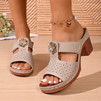 Women Open Toe Block Heel Sandals Mid Heel Hollow Flower Slippers Casual Slip-On