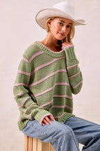 BiBi Womens Sweater Striped Sage Green Long Sleeve Oversized Pullover 4a0c05602ae14206b2af9dd4cca5a965-Max-Origin Trendsi