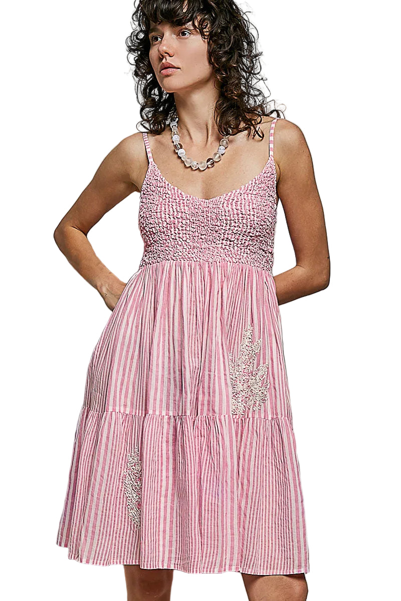 POL Striped Smocked Embroidered Mini Dress