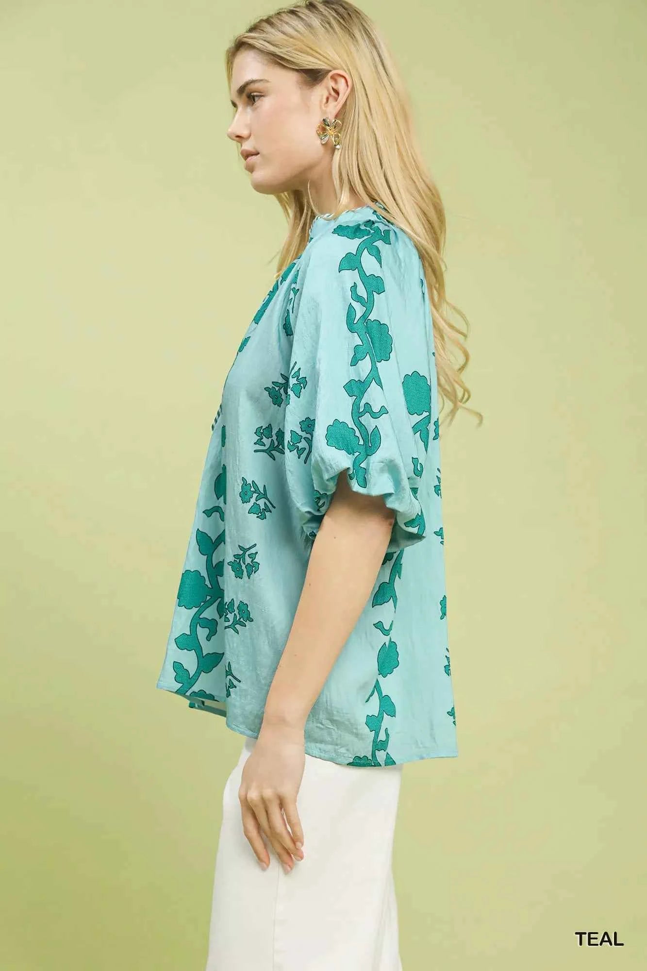 Umgee Blouse Collared Floral Print Teal Short Sleeve Buttoned Top 4a13ce5c-5a9d-458c-8d77-fe618c222ecb-Max-Origin Trendsi