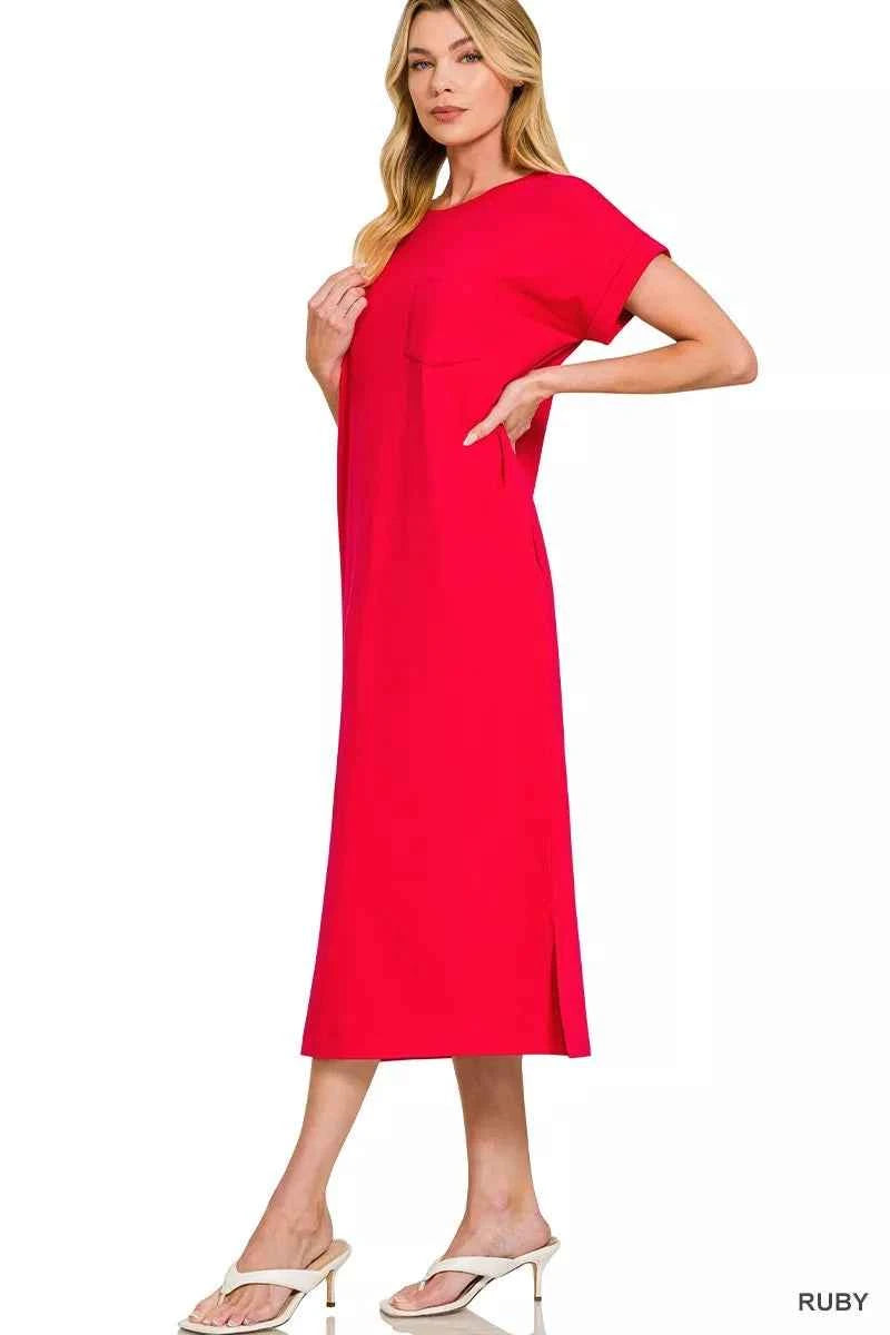 Zenana Midi Dress Ruby Red Round Neck Short Sleeve 4a17c548bda846b5a11987d01a88770e-Max-Origin Trendsi