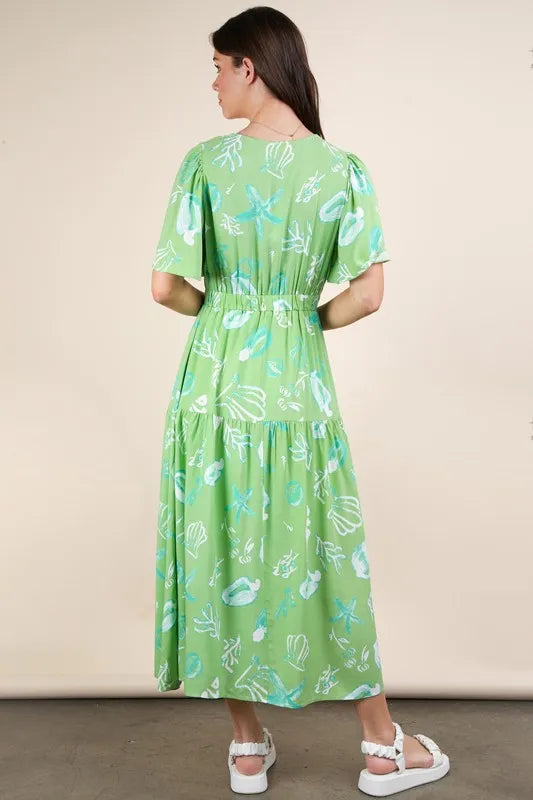 VERY J Midi Dress Sage Green Summer Resort Printed V-Neck Ruffle Short Sleeve 4a209167855243c4a8655032dfcc5be3-Max-Origin Trendsi